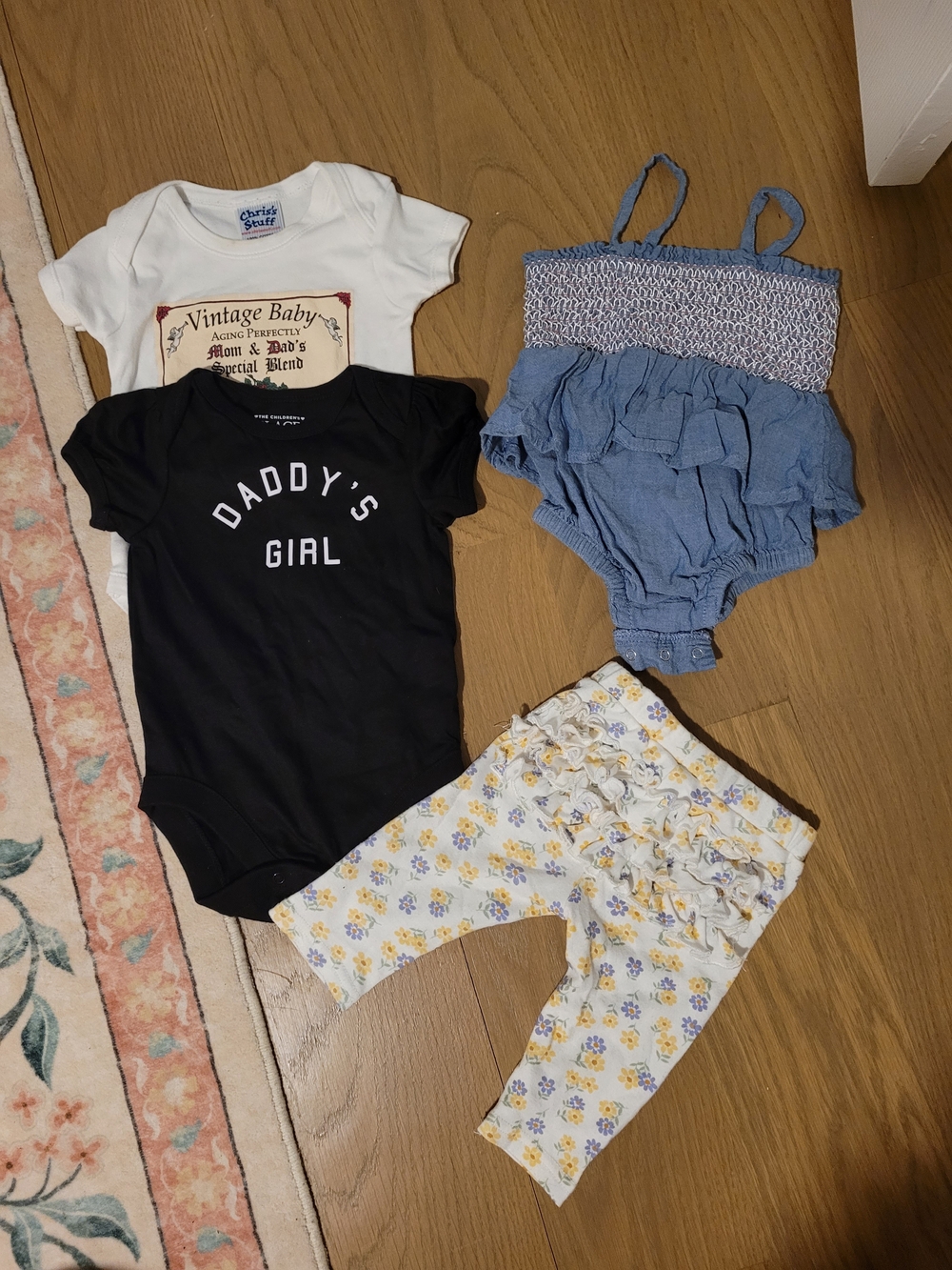 Daddy's Girl Black Onesie+ Blue Ruffle Romper + Floral Ruffle Leggings 3-6M